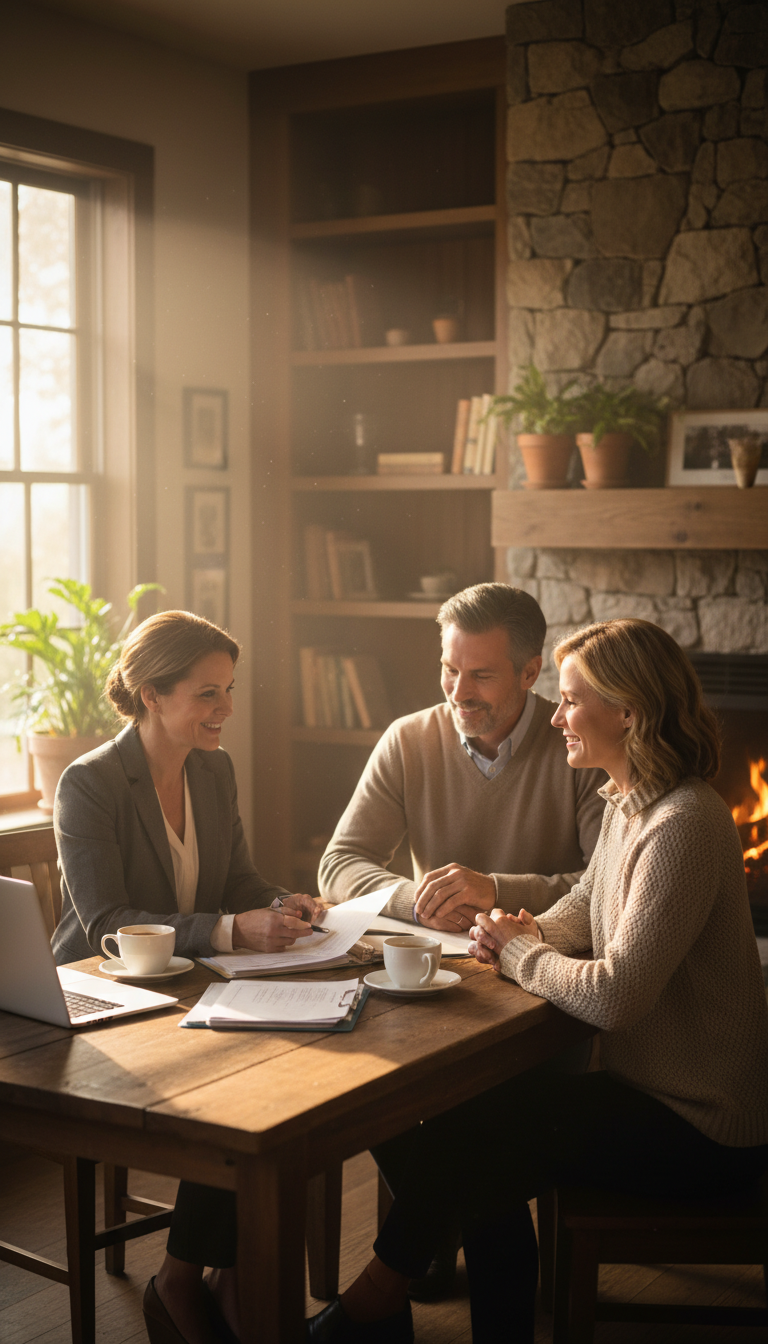 Understanding how final expense insurance fits into your long-term plan starts with a simple, honest conversation. An insurance advisor sitting with a couple at a wooden kitchen table discussing insurance paperwork in a sunlit home.