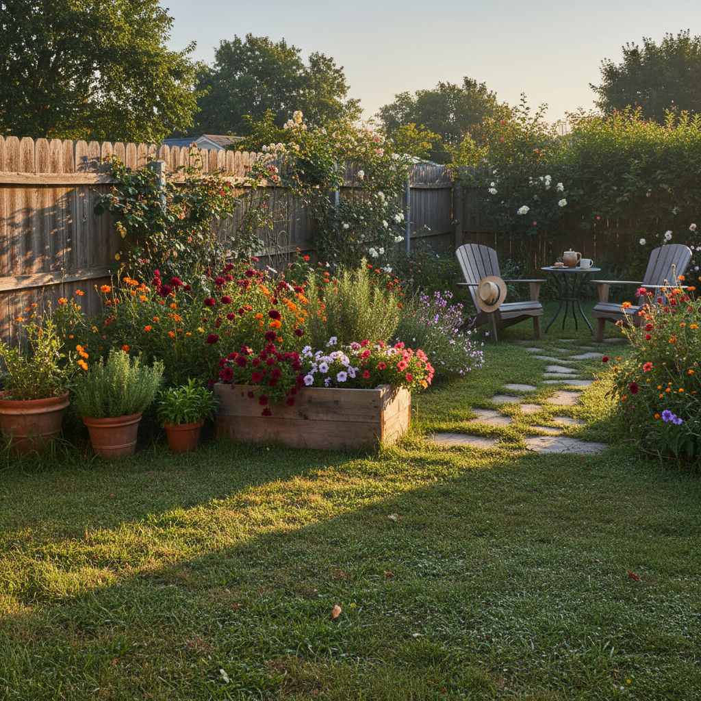 Properly maintained landscaping reduces hiding spots for spiders and rodents. A residential backyard with a fence and garden area in soft morning light.