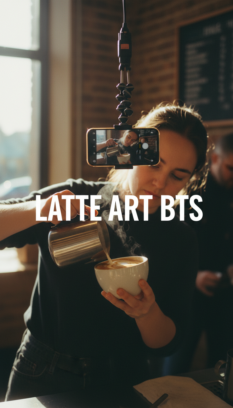 High quality content creation requires specialized gear and focus that an agency provides naturally. A barista pouring latte art while a smartphone on a tripod captures high quality video for social media.