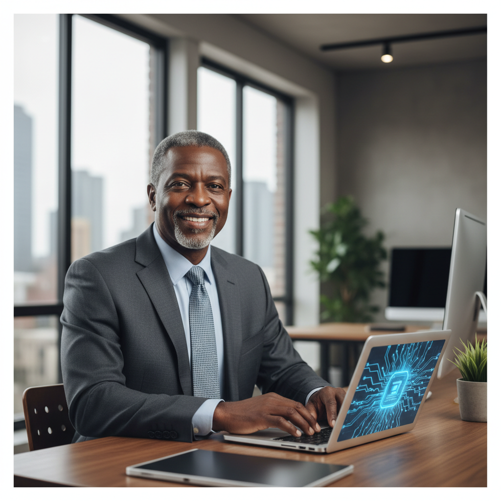 A confident professional reviewing options on a laptop