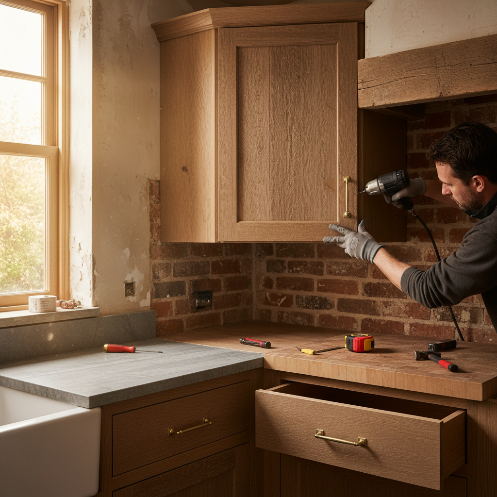 Cosmetic improvements like new cabinets typically do not require a formal building permit. Close up of a worker's hands installing kitchen cabinetry during a home renovation.