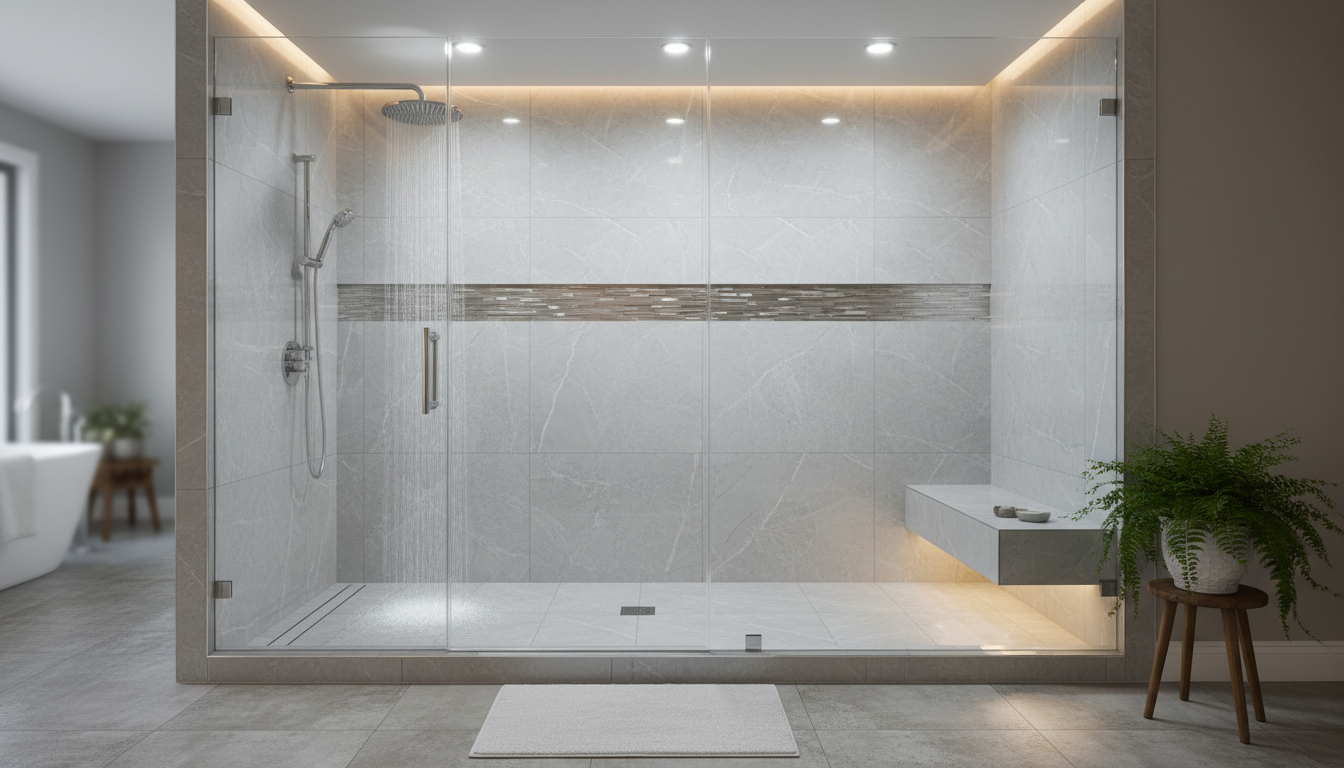 Custom tile work and premium plumbing fixtures represent a significant portion of luxury remodel costs. Luxury walk in shower with a rainfall shower head, glass enclosure, and intricate modern tile work.