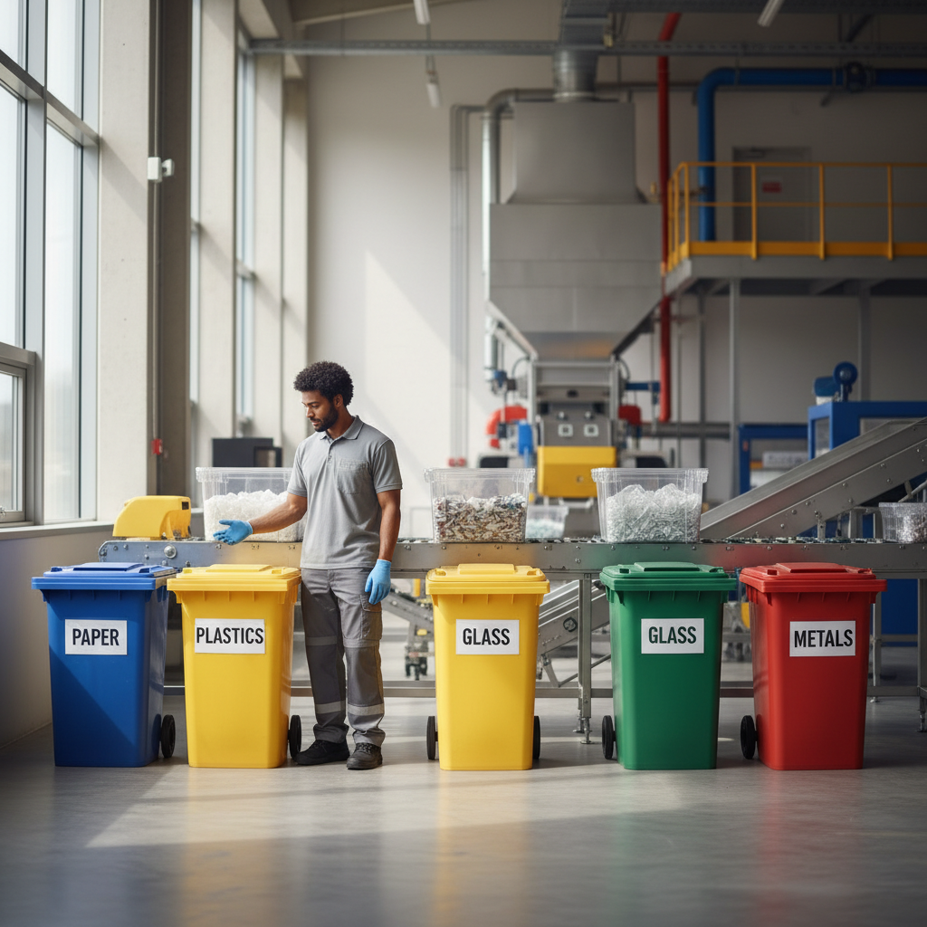Our local team provides organized systems for efficient material processing in Box Elder County. A team member at Jolley Recycling standing by organized collection containers in a clean facility.