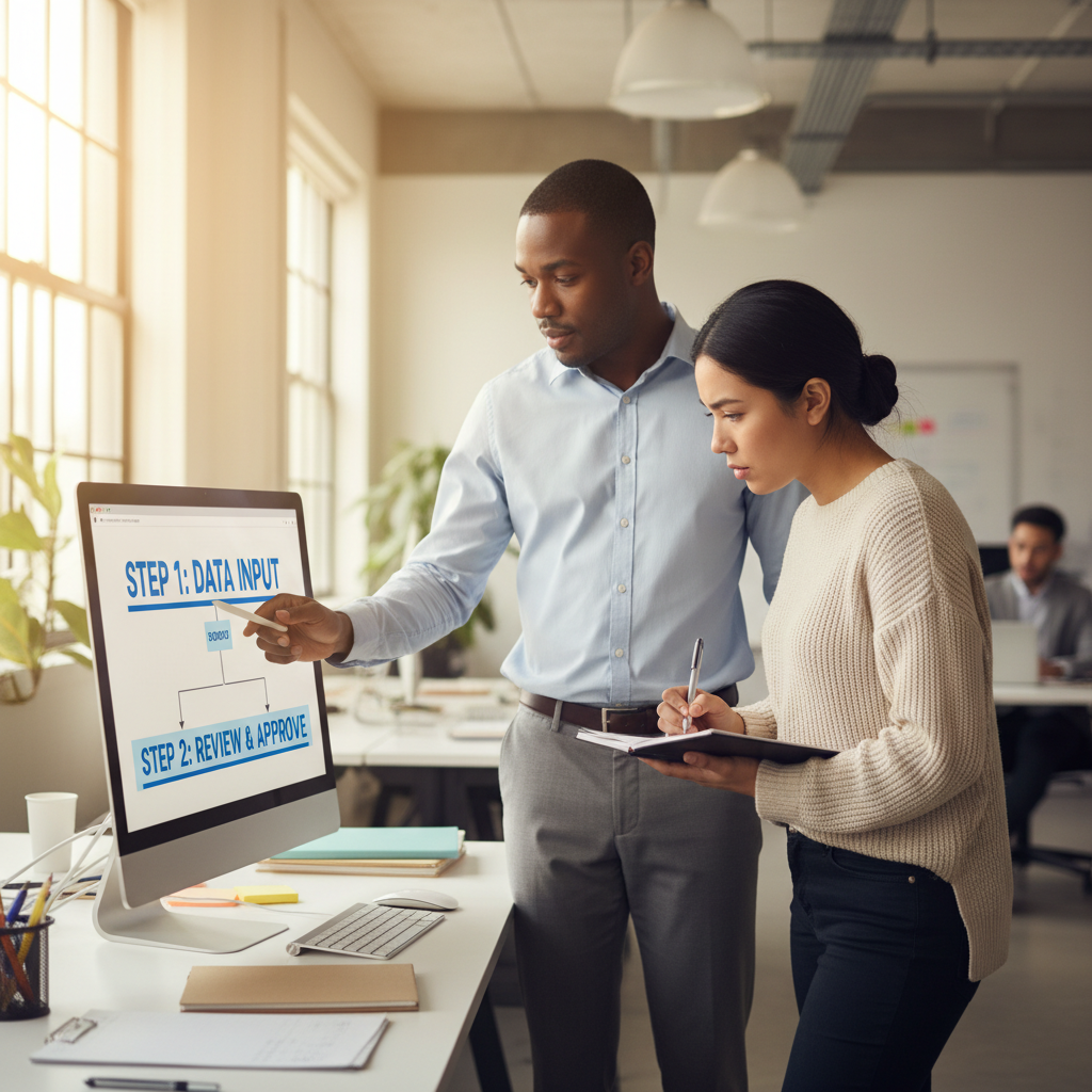 Successful ERP adoption relies heavily on hands-on training and user buy-in. A consultant demonstrating software features to an engaged employee at their workstation.