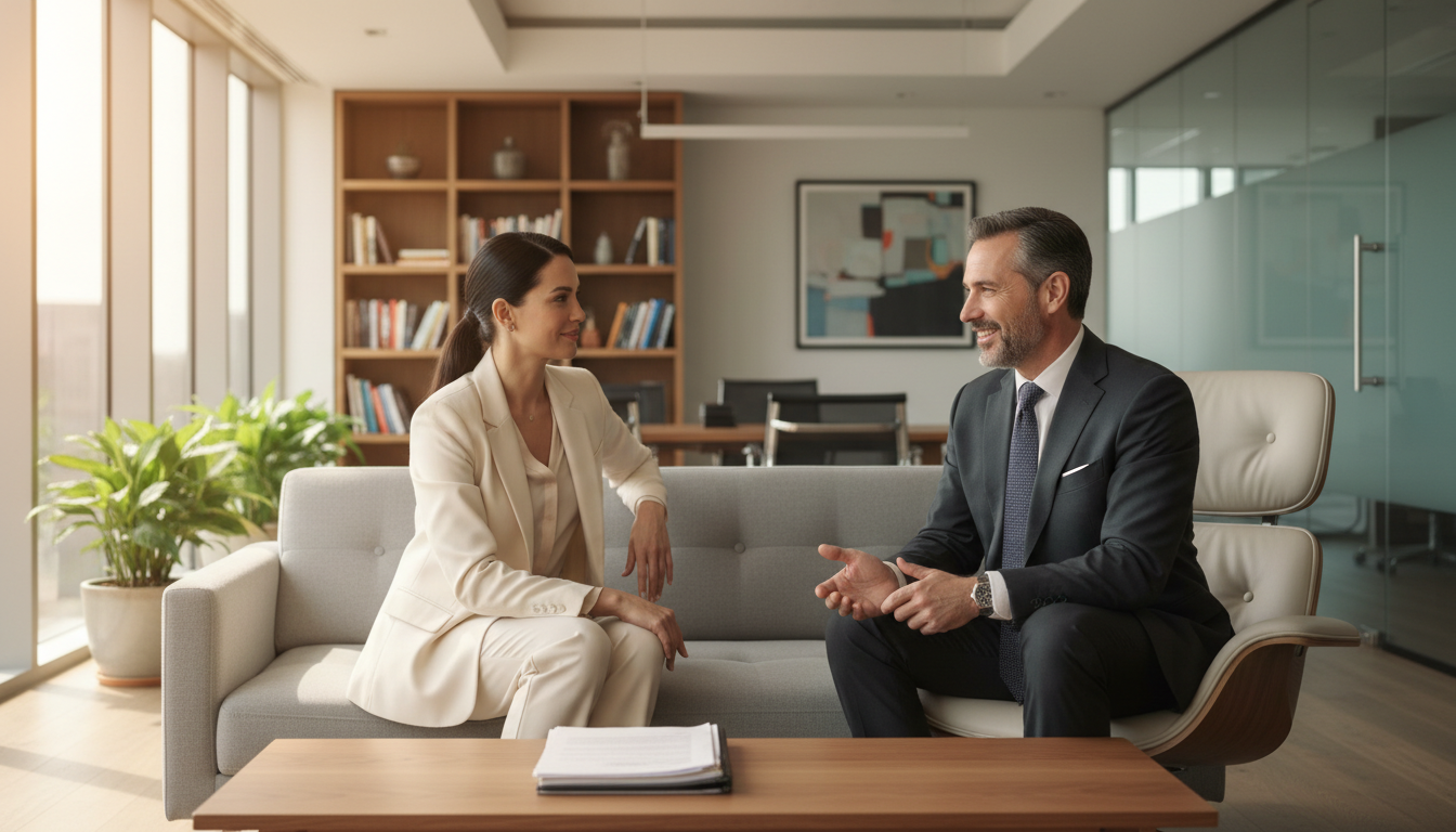 Mediation allows parties to reach mutually beneficial agreements in a private setting. Two individuals shaking hands across a table in a neutral, calm meeting room representing successful mediation.