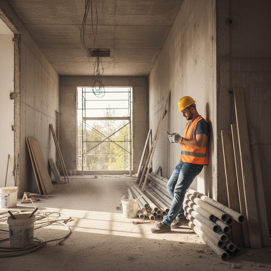 Lack of communication and site presence are early red flags in a home renovation. A construction worker distracted by a smartphone at a messy renovation site, representing poor communication.