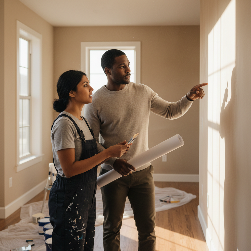 Clear communication helps us deliver exactly what our Carbon County clients need. A professional painter and homeowner discussing project plans in a residential interior space.