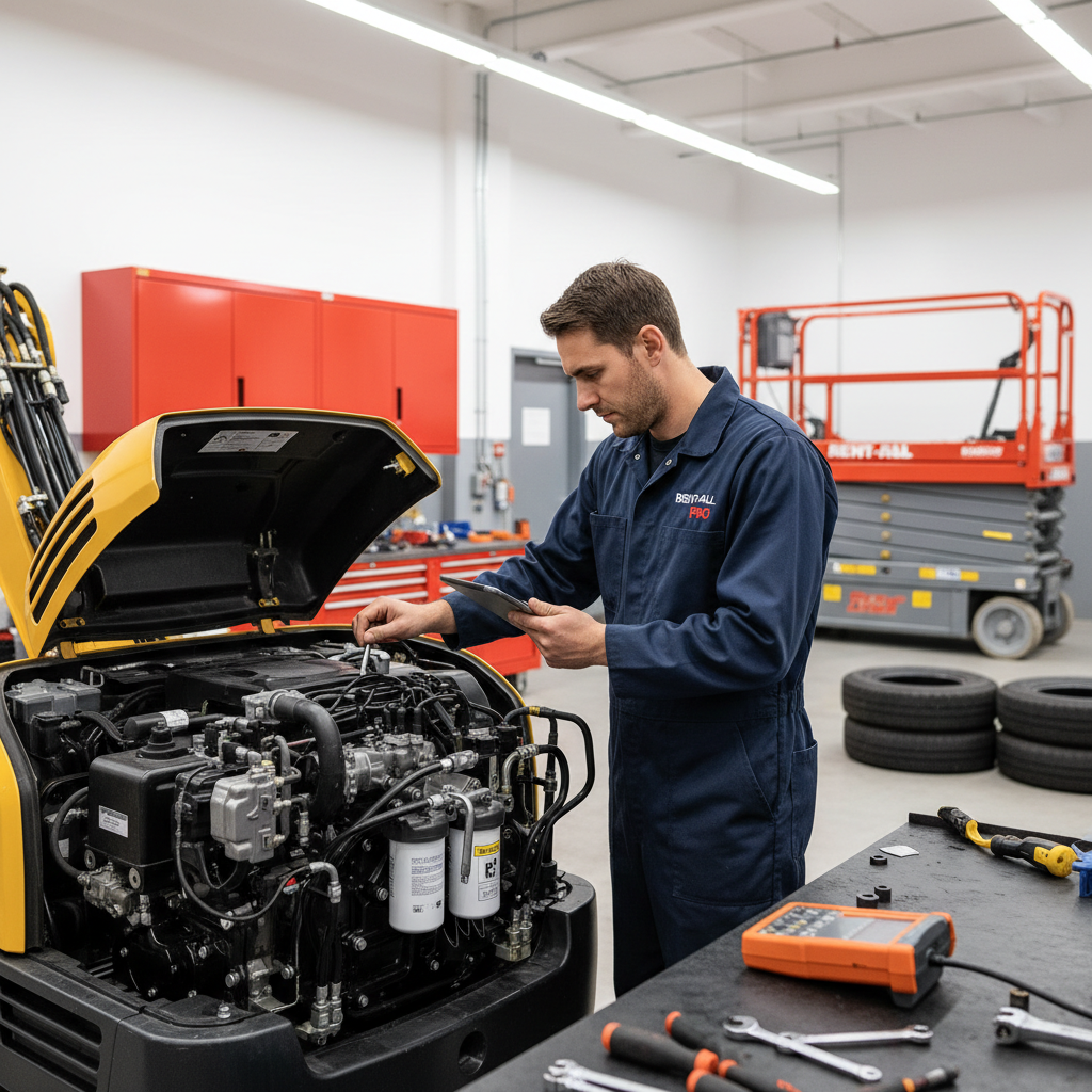 Professional maintenance ensures that rented equipment performs reliably during your most critical project phases. A mechanic inspecting and maintaining construction equipment in a professional workshop setting.