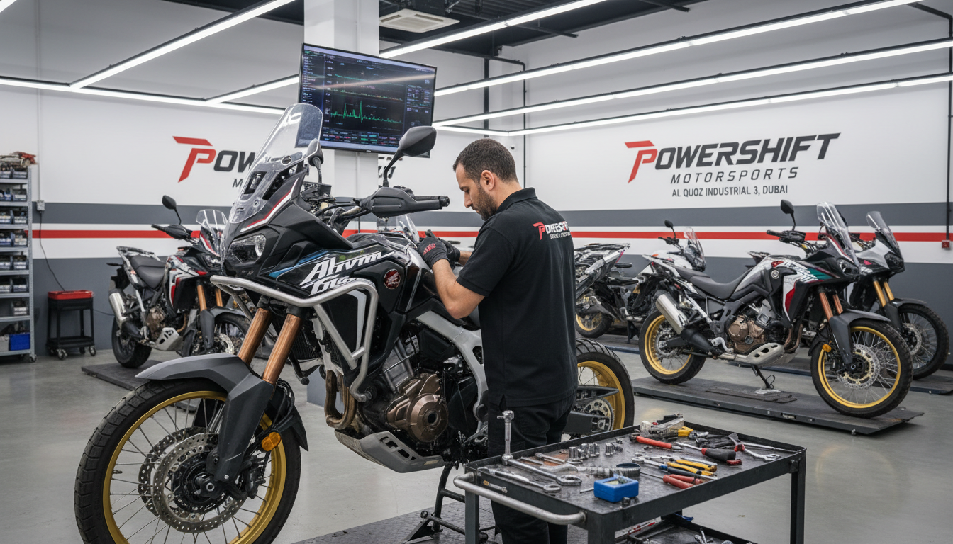 Professional detailing protects your investment against the harsh Dubai sun and desert sand. A motorcycle undergoing professional polishing and detailing to protect the paint and metal from UV damage.