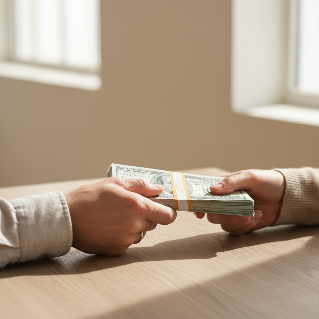 A cash offer allows both parties to receive their equity quickly and move on. A stack of cash being handed over a wooden table to represent a fast cash house purchase in NJ.