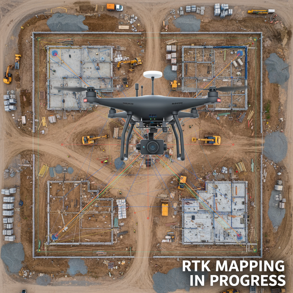 Repeat weekly drone flights create a reliable audit trail of earthworks and structural progress. Aerial drone surveying an active construction site with RTK mapping technology capturing site progress data
