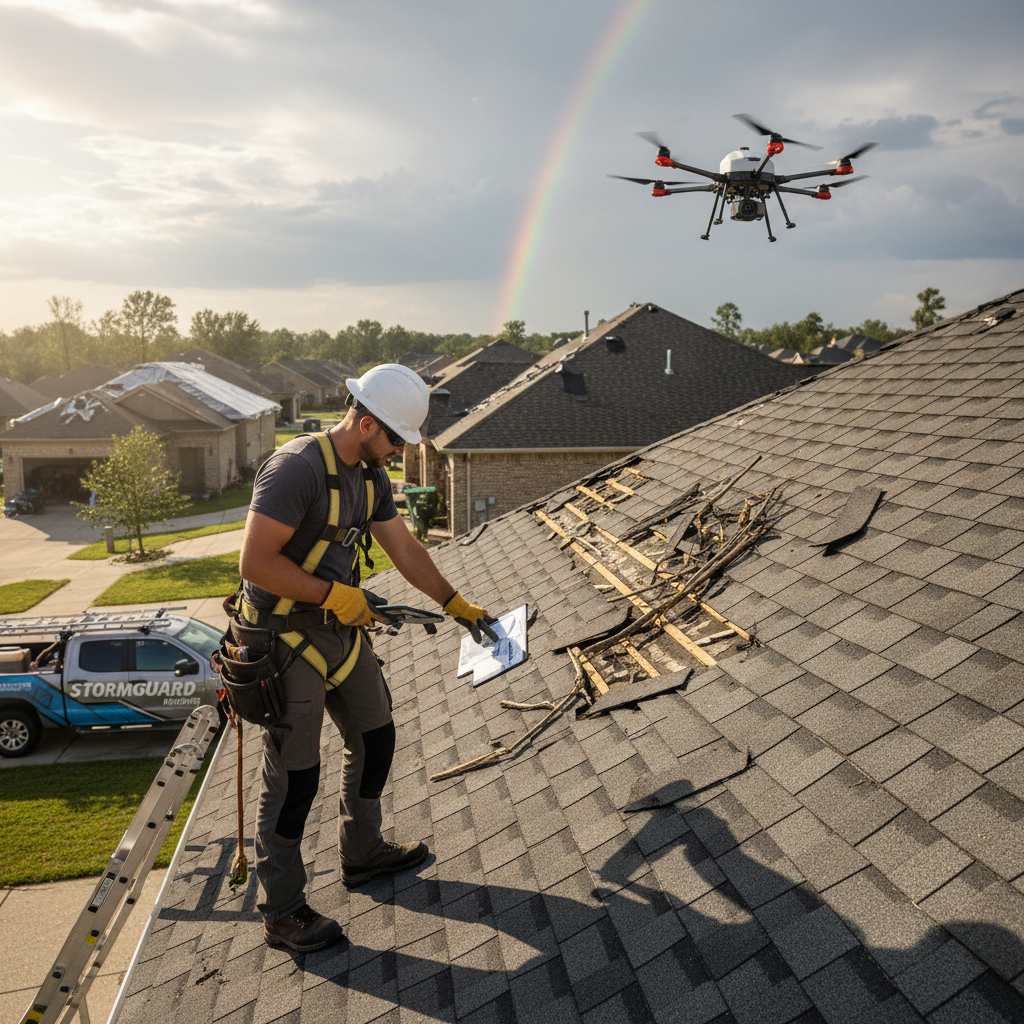 Accurate damage documentation is vital for successful insurance claims in the DFW area. Professional roofing contractor inspecting storm damage on a residential roof for an insurance claim.