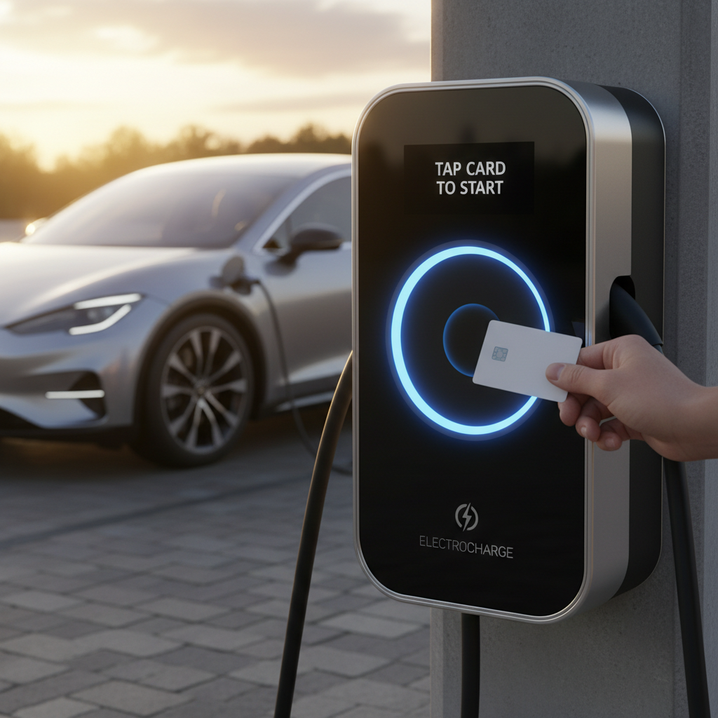 RFID access allows businesses to track usage and manage cost recovery for individual users. Close up of an RFID key card being used to authenticate access on an EV charger panel