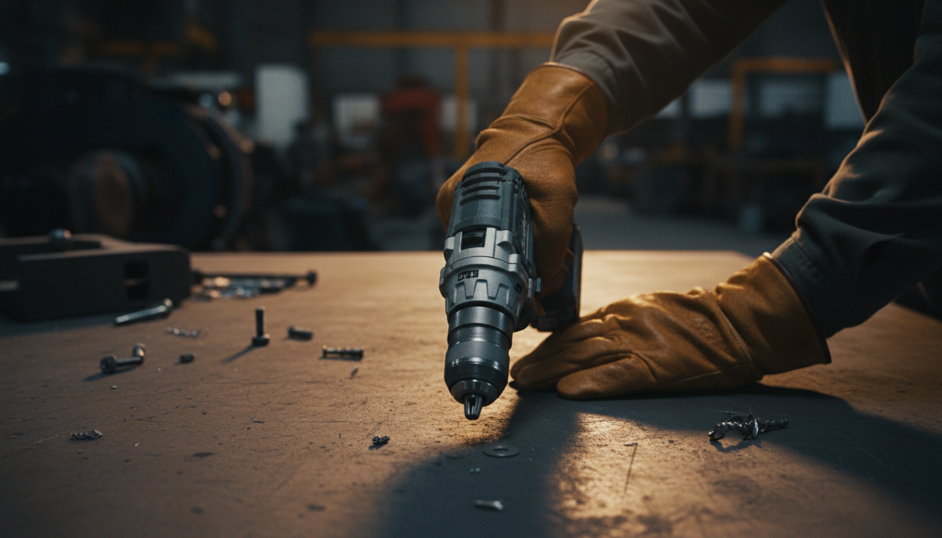 Contractor holding premium industrial power drill on work surface