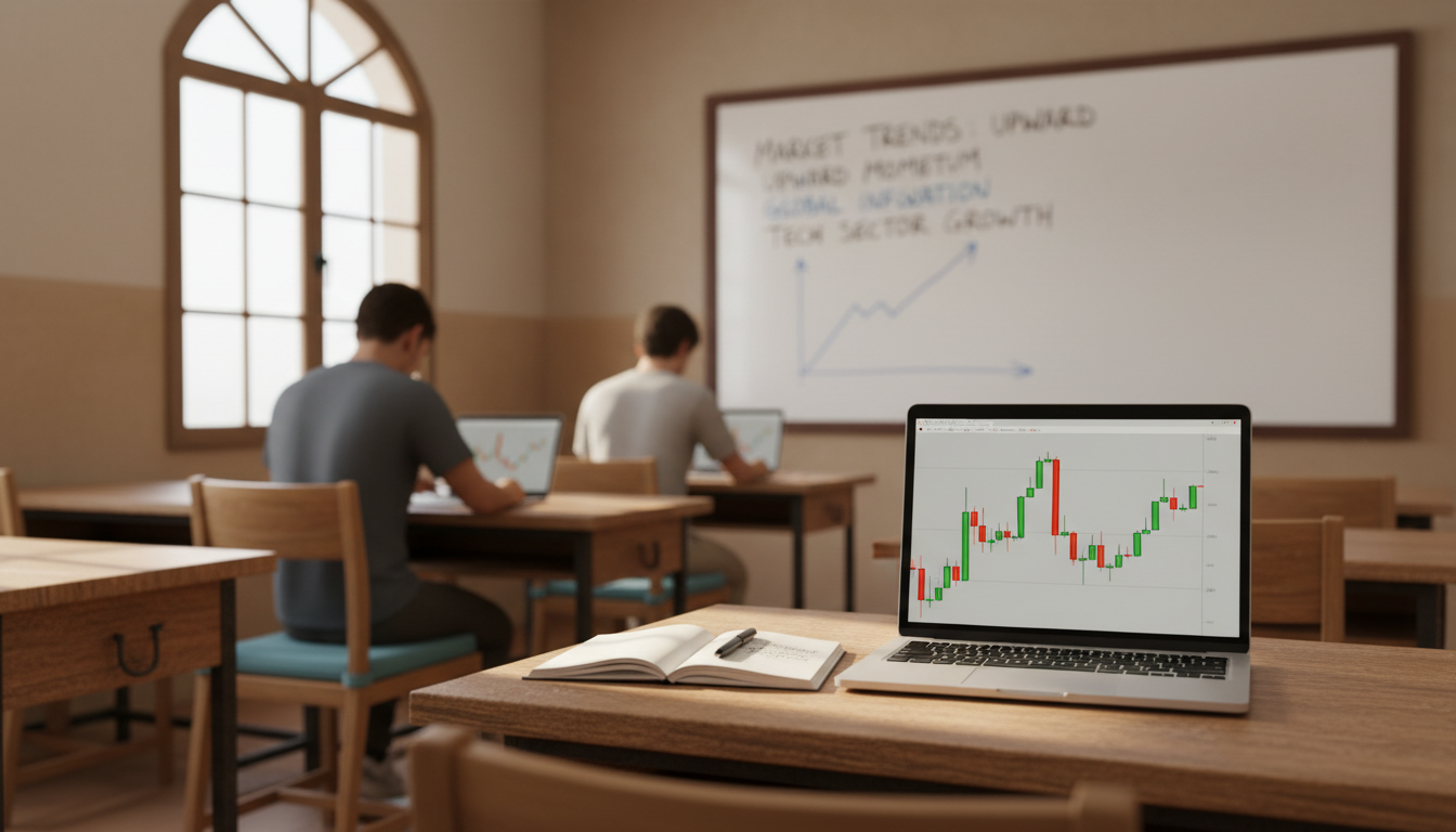 Aula de trading con estudiantes aprendiendo en clase presencial