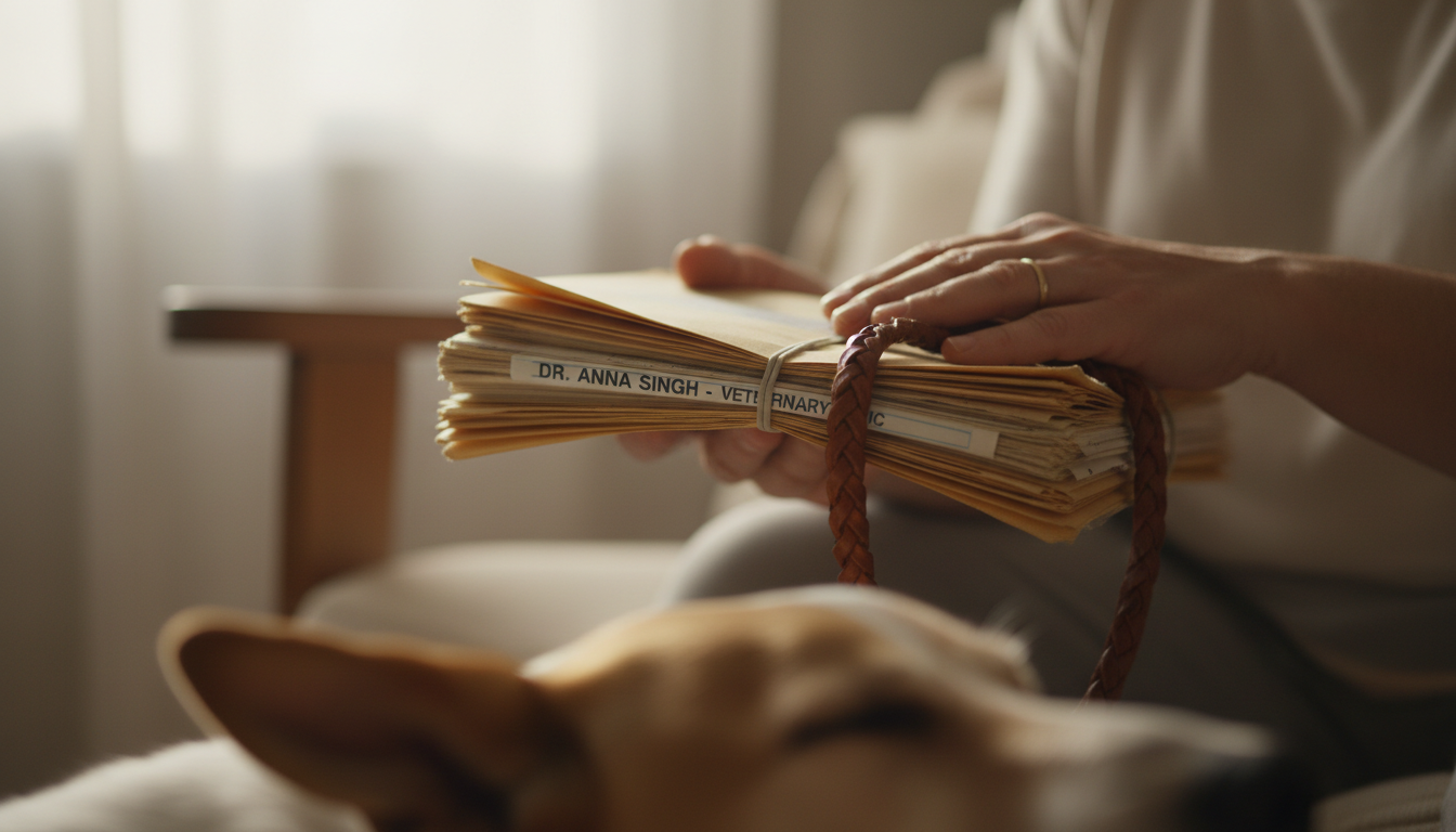 Documented caregiving history, including veterinary records, is crucial for establishing custody. Close up of hands holding a dog leash and a stack of veterinary records.