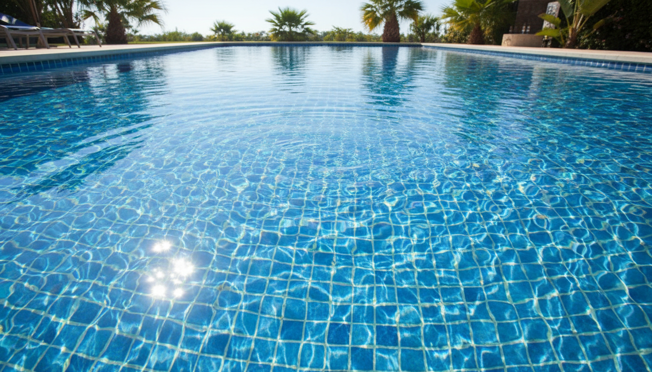 Using a garden hose is the most affordable way to fill your Hamilton County pool. Clear blue pool water with sunlight reflecting off the surface and blue tiles at the bottom.