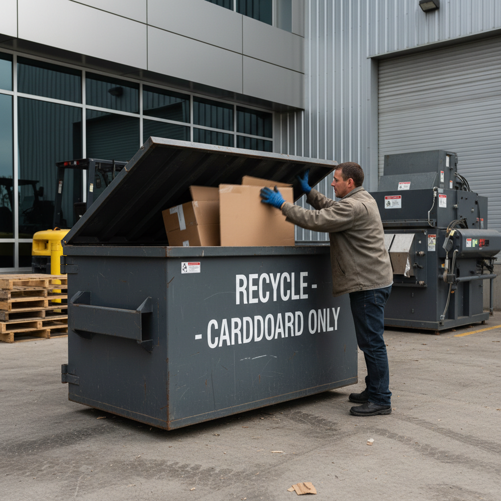 Commercial services help Fillmore businesses manage high-volume waste efficiently. A worker loading flattened cardboard into a large commercial recycling bin outside a business.