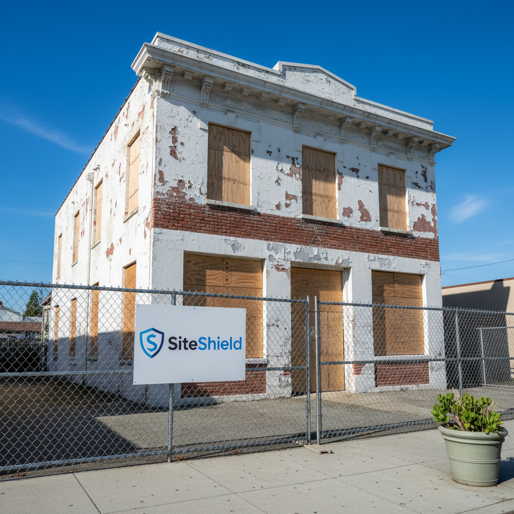 Vacant properties without visible security measures quickly become targets for local vandalism. A boarded up property in Vallejo with SiteShield signage indicating secured status.