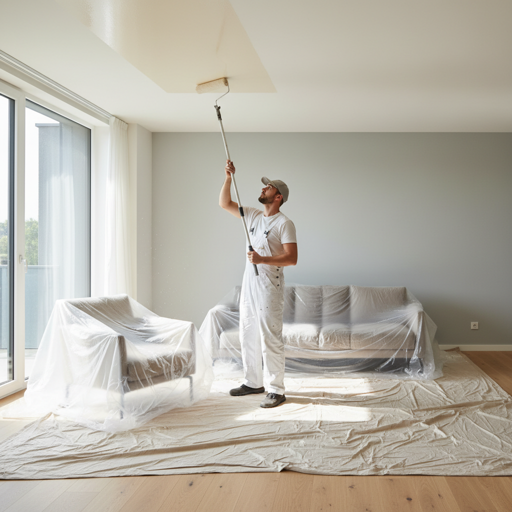 Bundling painting and decorating with other maintenance services significantly reduces overall project costs and travel fees. A professional painter applying paint to a ceiling in a residential property with clean edges.