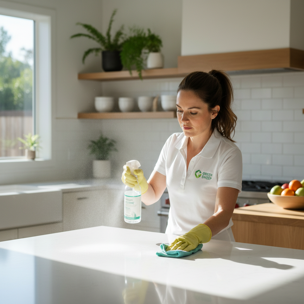 Non-toxic cleaners provide a safer environment for children and pets to explore. A professional cleaner uses an eco-friendly spray on a clean kitchen countertop in a bright residential home.