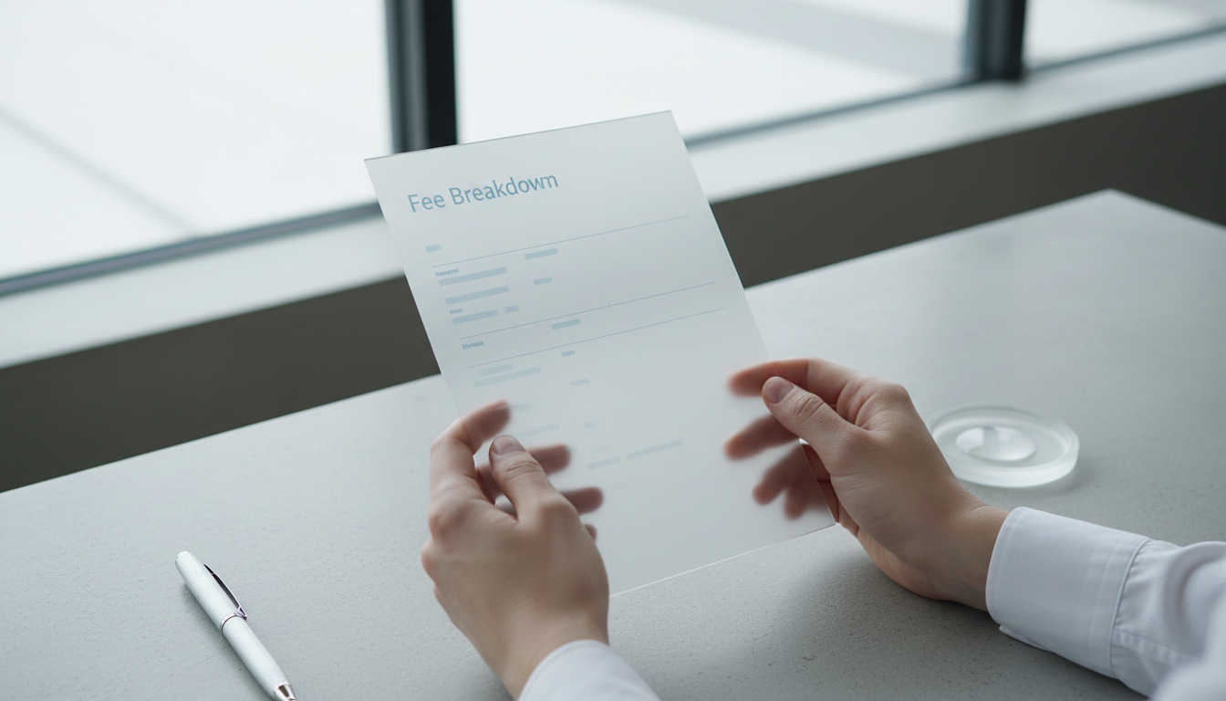 Transparent fees before every transaction: no hidden costs or surprise deductions. Close-up of a fee breakdown document held over a desk showing transparent transfer costs and charges
