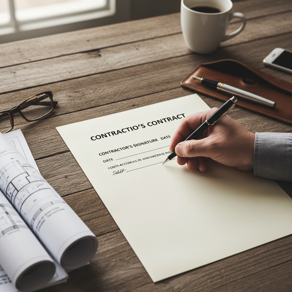 Setting a clear budget and scope during the contract phase prevents costly surprises later. Homeowner signing a construction contract for a Fort Worth kitchen renovation project.