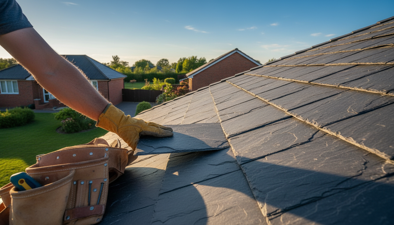 Choosing premium materials like slate impacts the final cost but offers superior longevity. A close up of a professional roofer holding a new slate tile on a finished roof edge during sunset.