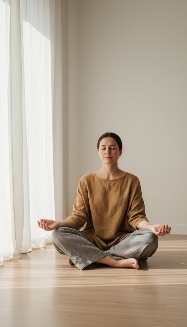 Kundalini is less about drama and more about a profound, quiet inner listening. A person sitting in stillness with eyes closed in a minimalist room with soft natural light, evoking inner listening.