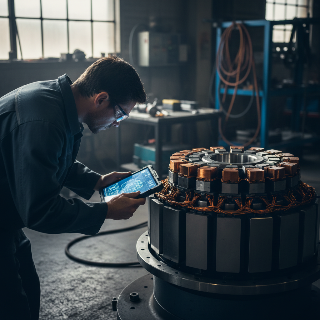 PMDD motor systems eliminate gearbox complexity while improving efficiency across variable industrial load profiles. Engineer examining a large permanent magnet direct drive motor assembly in a technical workshop, reviewing schematics on a tablet