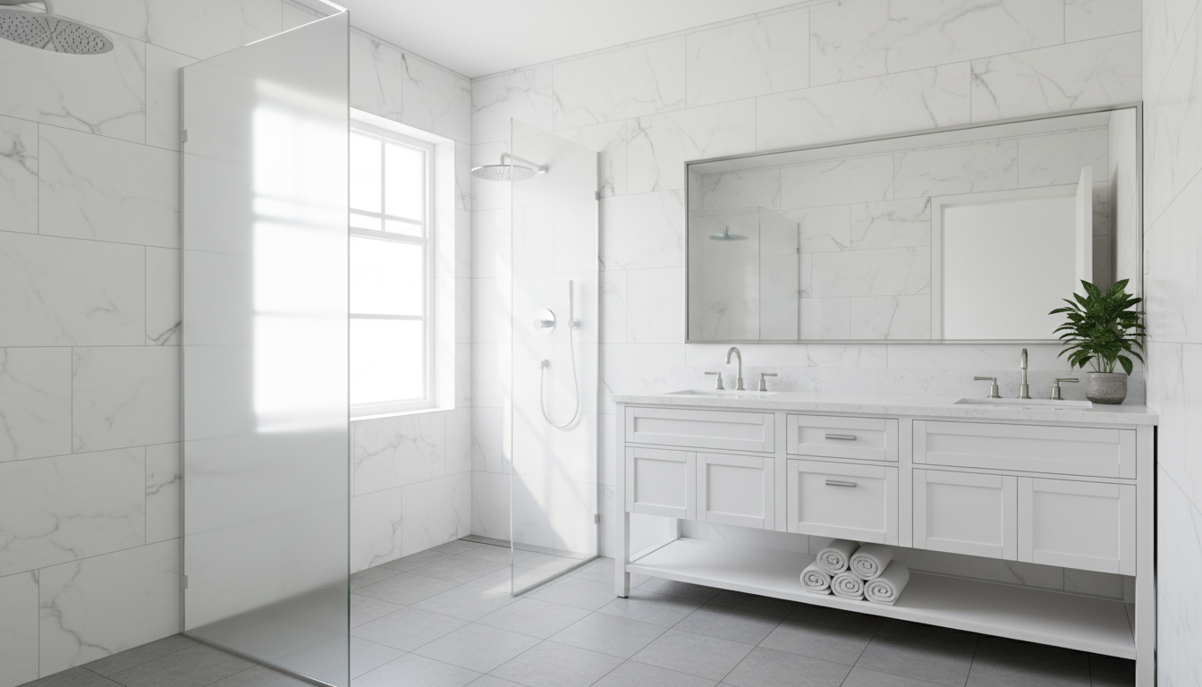 Professional tile installation in a master bath significantly boosts property value in the DFW market. Bright Fort Worth bathroom featuring marble tile walls and a modern glass shower enclosure.