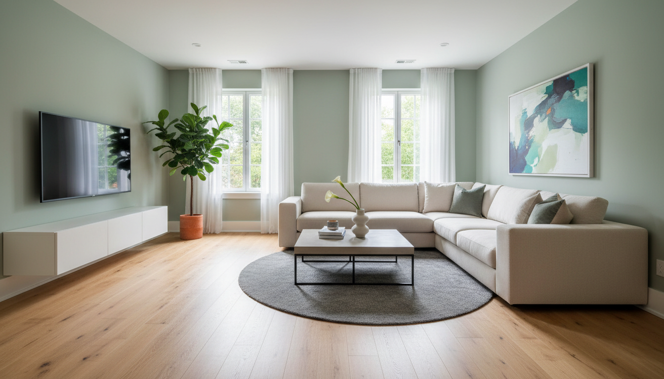 Selling as-is avoids the stress of managing renovations like these while the estate is in probate. A renovated living room with new flooring and fresh paint showcasing the results of property rehabilitation.