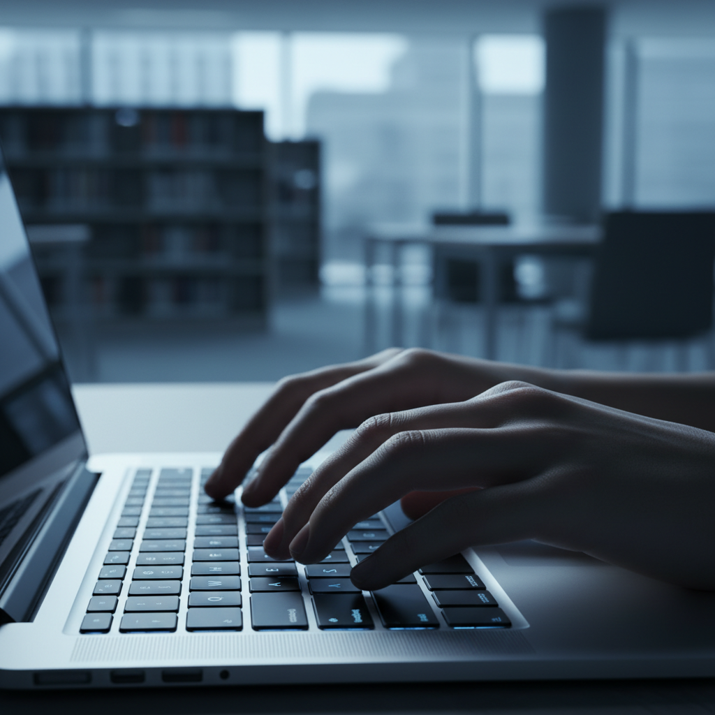 Calculating the ROI of a master's degree involves balancing tuition costs against lifetime earning potential. Close up of hands typing on a laptop keyboard in a modern library setting with soft lighting.