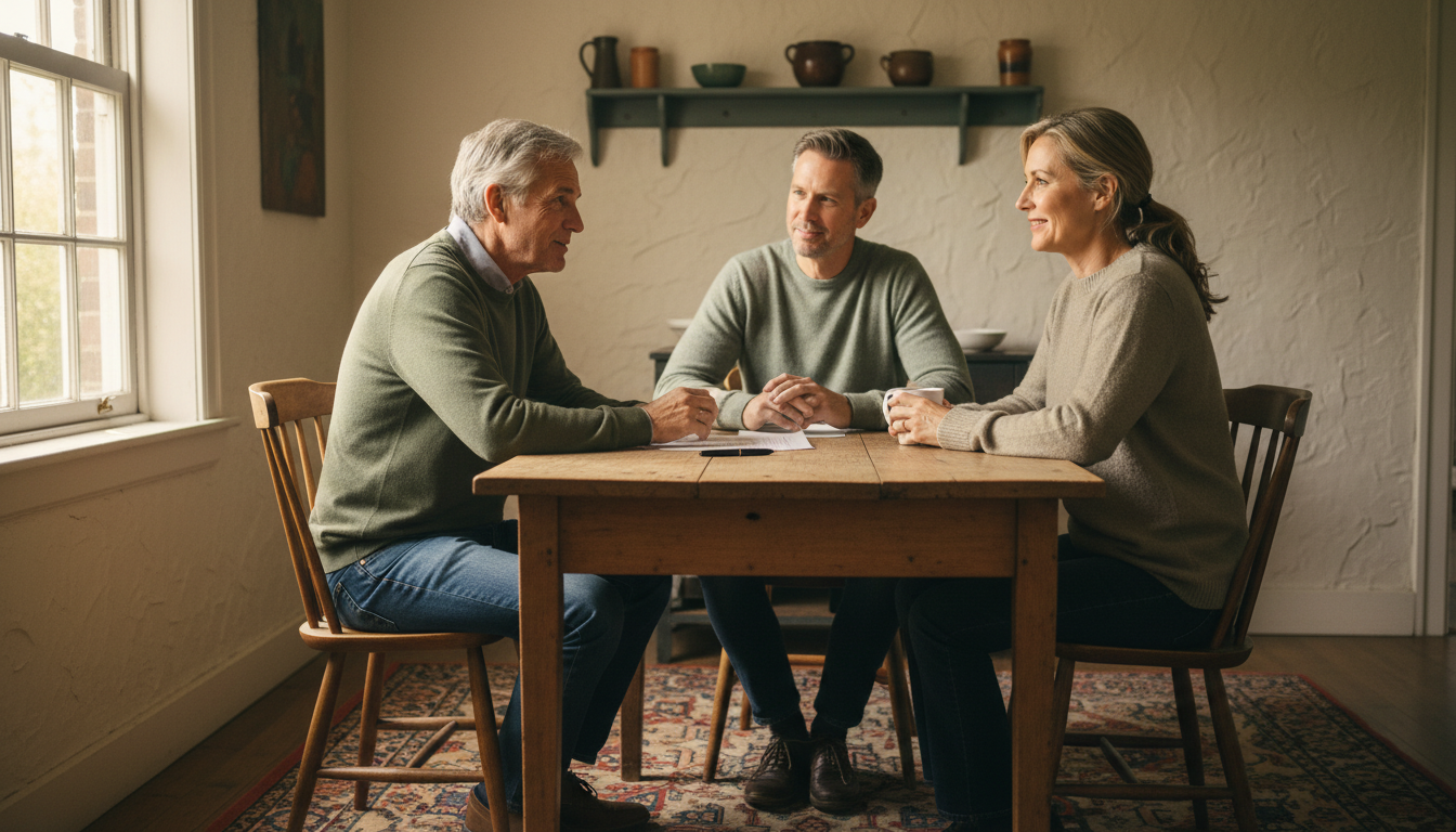 Local expertise means getting advice from someone who understands the Pickens County community and your specific needs. Howard Shanley sitting at a kitchen table speaking with a couple in a relaxed, conversational manner.