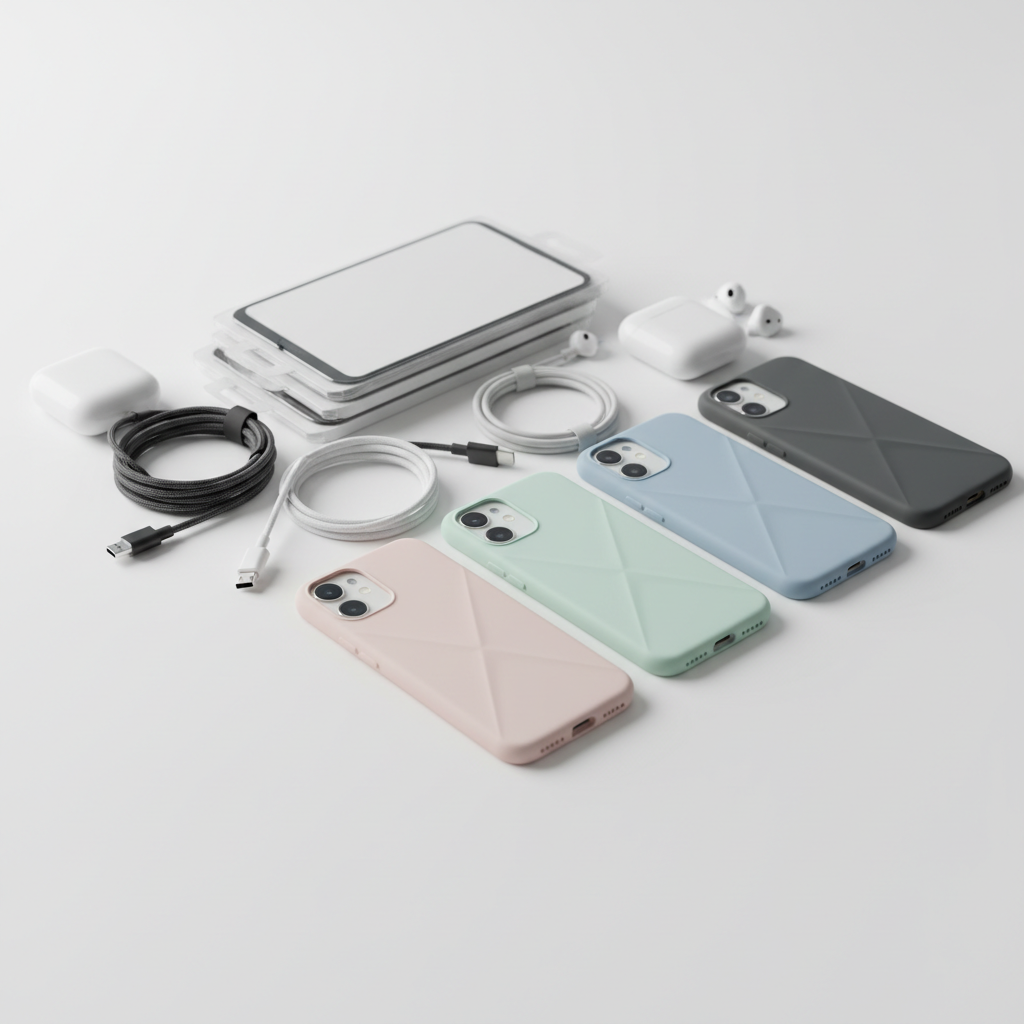 Don't forget to factor in the cost of new accessories when upgrading to a different device model. A curated display of colorful smartphone cases and accessories neatly arranged on a white surface.