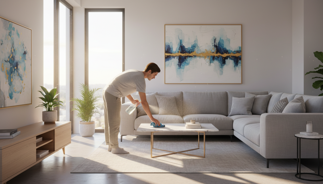Damp dusting with microfiber is the most effective way to trap fall allergens. A living room being cleaned with a spray bottle and a microfiber cloth in natural light.