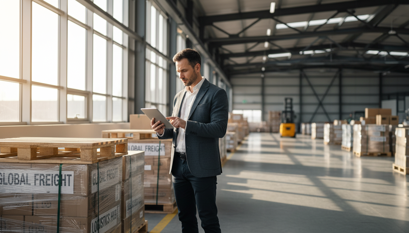 Verification of documentation and labeling is critical for maintaining supply chain efficiency. A logistics professional reviewing shipment documentation on a tablet while standing beside organized pallets.