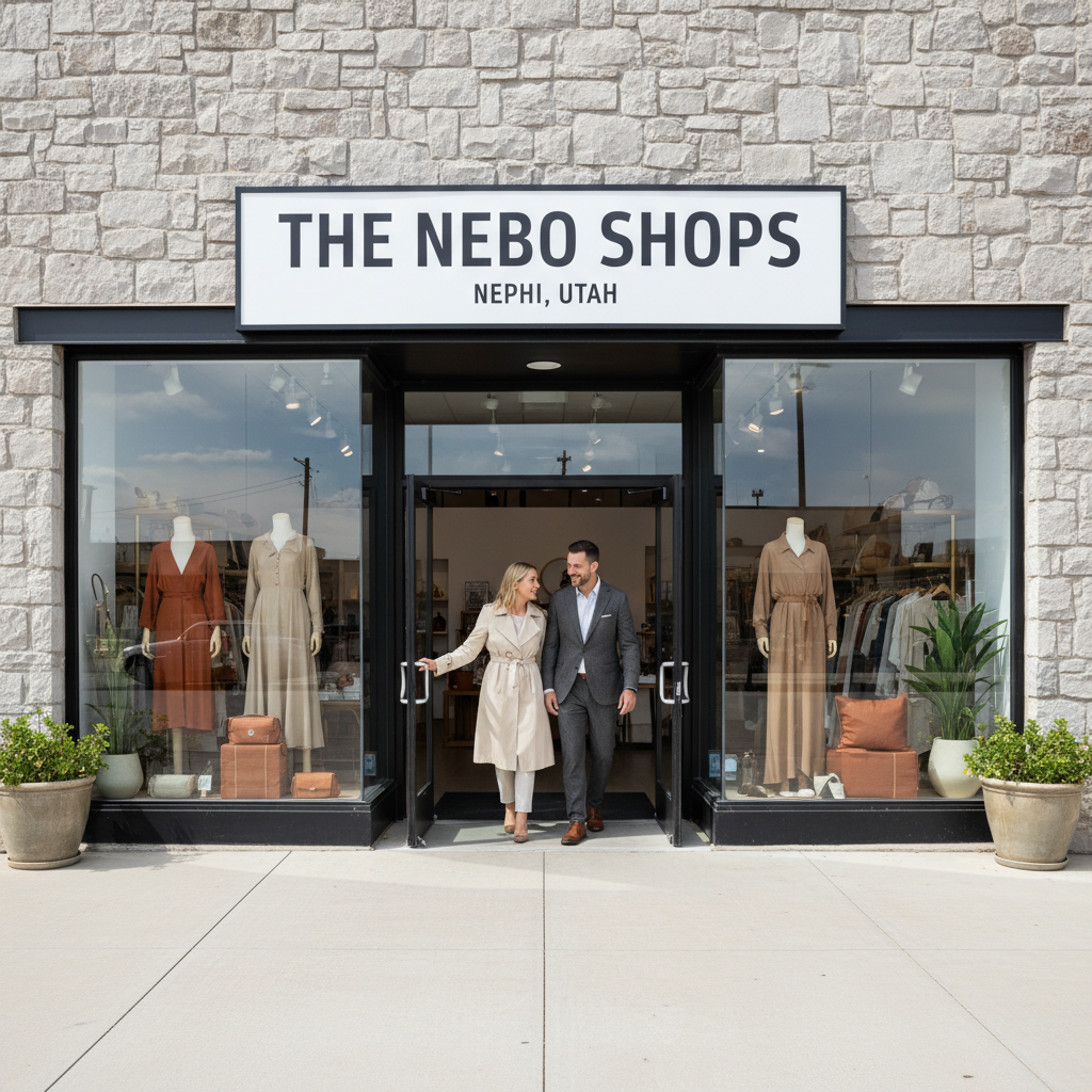The Nebo Shops in Nephi offers a straightforward and accessible shopping experience for locals. The storefront entrance of The Nebo Shops in Nephi, Utah, with clear windows and organized displays.