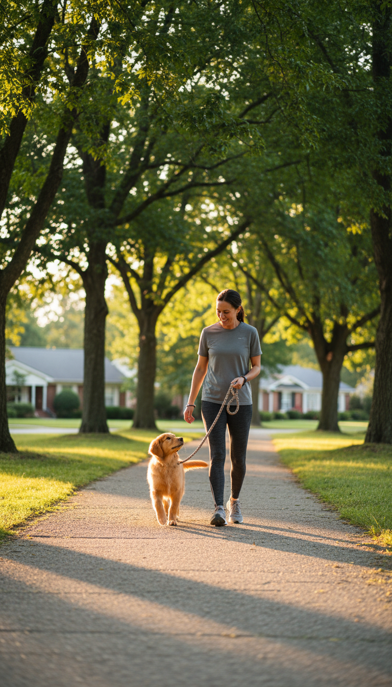 Short trips to local townships help your puppy adjust to footpaths and new smells. A person walking a puppy on a leash along a quiet footpath during the late afternoon.