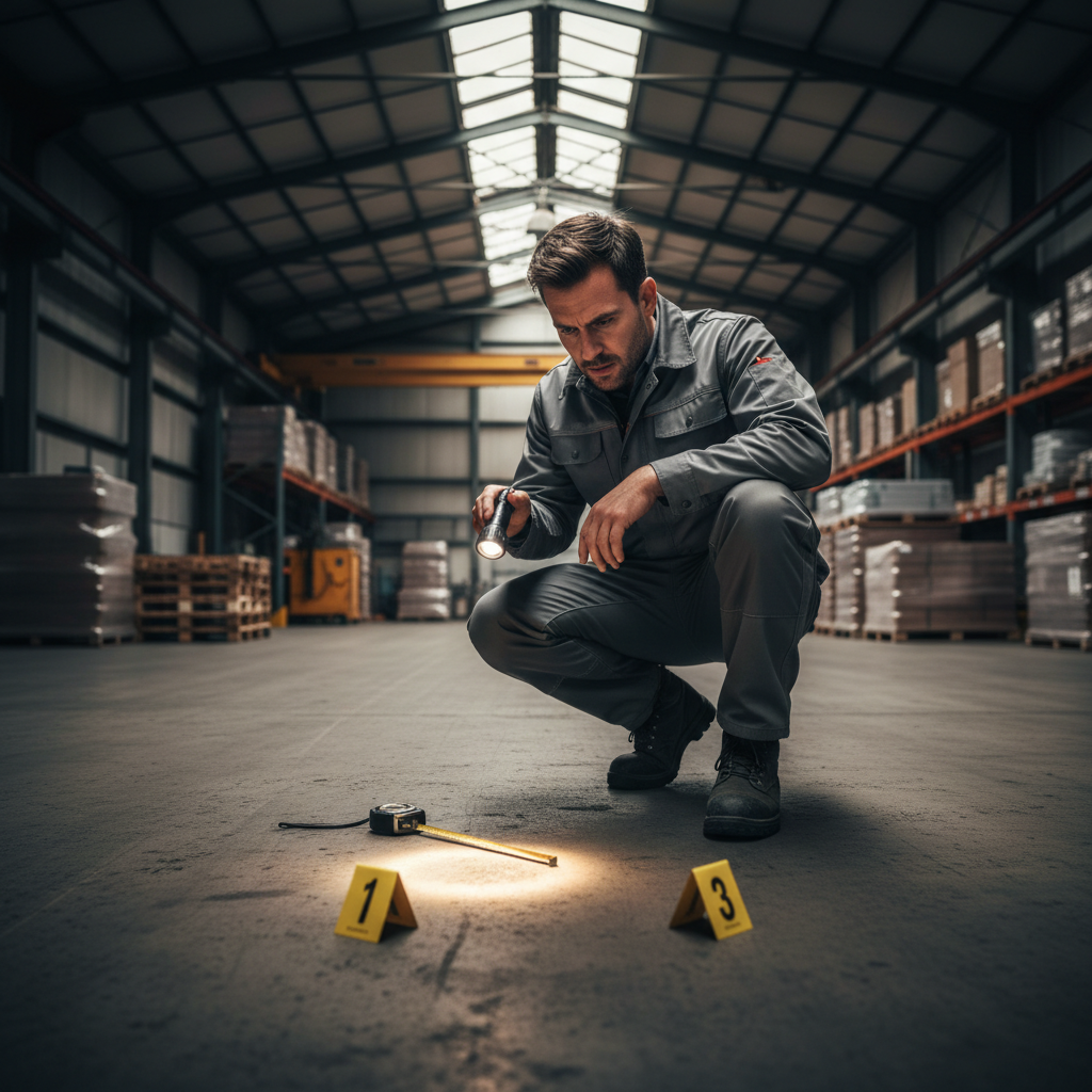 Identifying subtle floor hazards is a key part of preventing workplace injuries. A consultant examining a warehouse floor for hazards that could cause slips or falls.