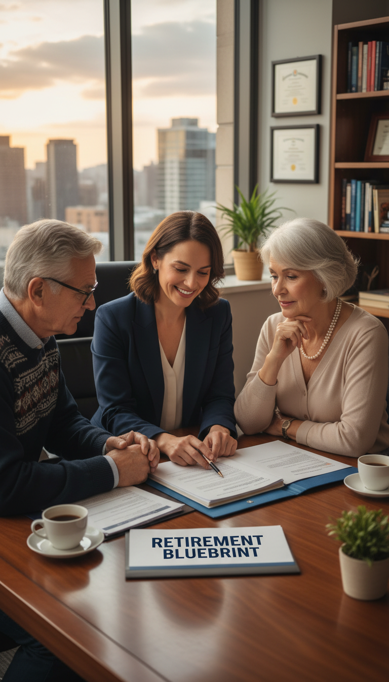 Navigating new IRS contribution limits requires a clear, personalized retirement roadmap. A financial advisor meeting with a retired couple at a professional office desk to review retirement plan documents.