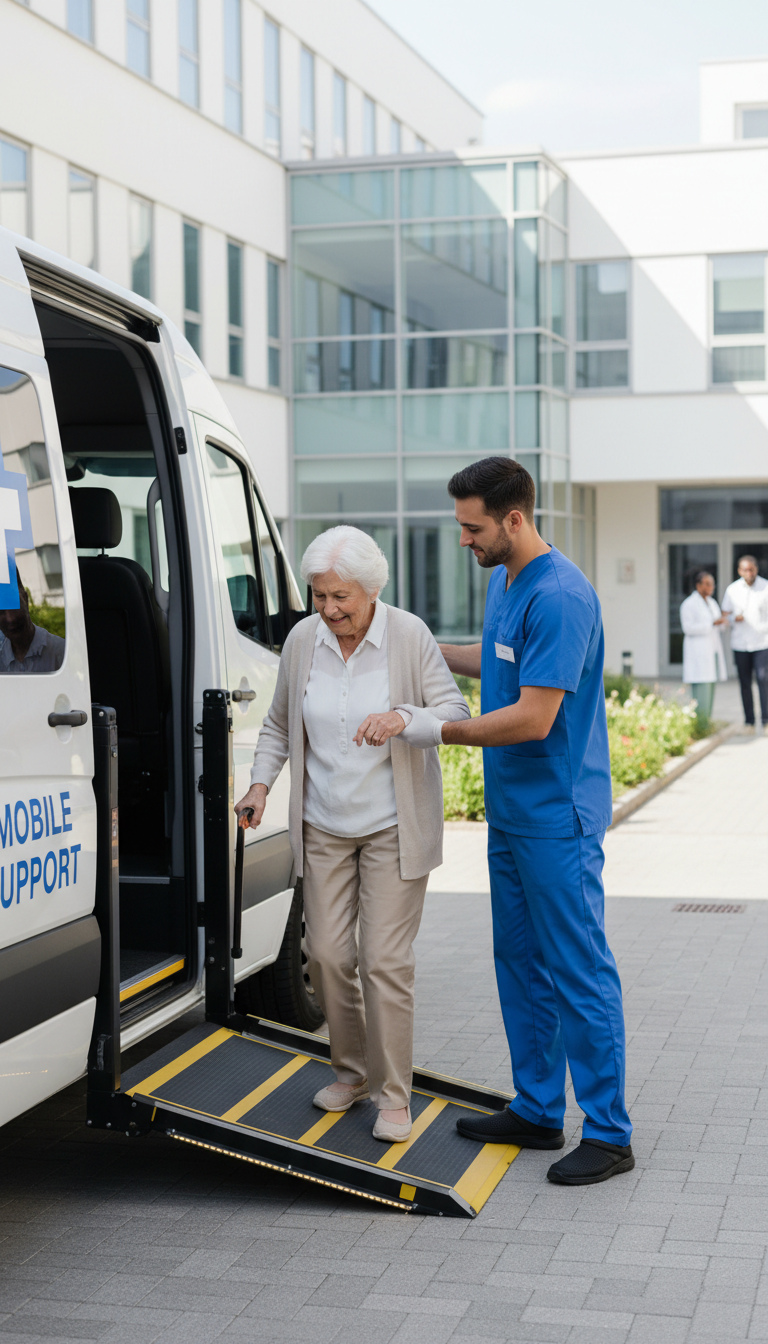 Medicare Advantage plans often cover transportation to help seniors maintain their health through regular appointments. A medical transport driver assisting an elderly patient into an accessible van with a ramp at a healthcare setting.
