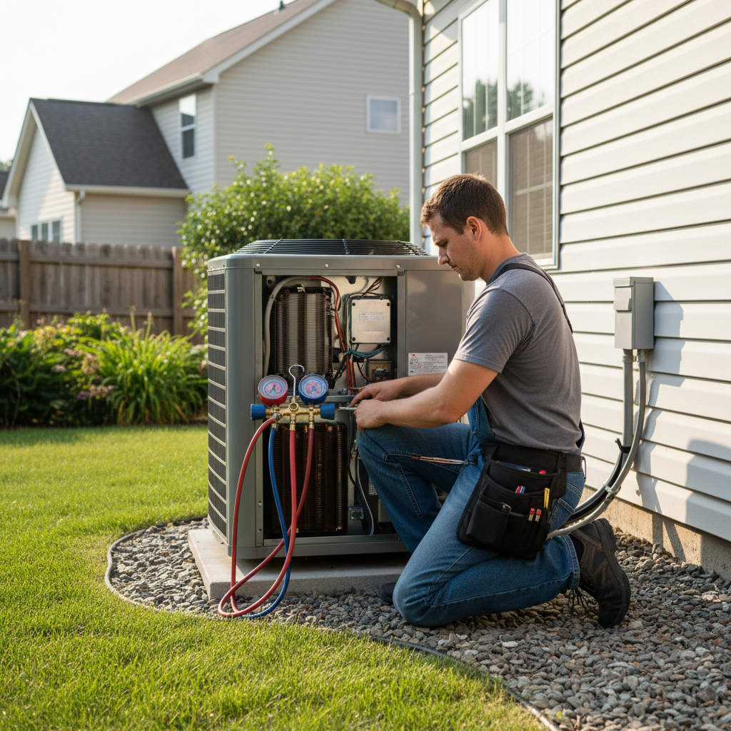 Professional diagnostics are the first step in determining your home's actual heating and cooling requirements. An HVAC technician in a residential setting performing a diagnostic check on an outdoor air conditioning unit.
