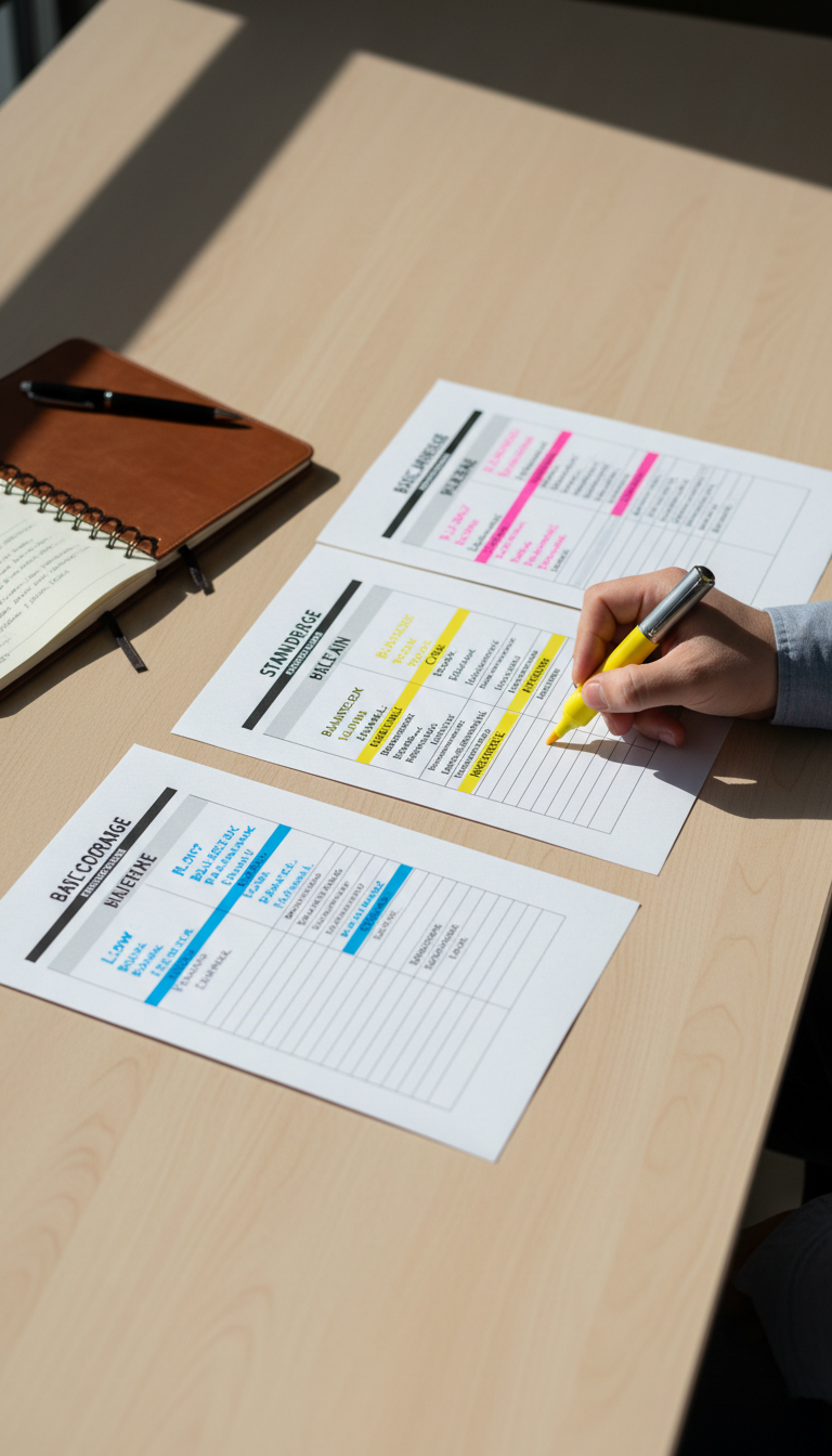 Comparing plan structures is essential for those who do not qualify for federal subsidies. Overhead view of three different health insurance plan comparison sheets being analyzed with a highlighter.
