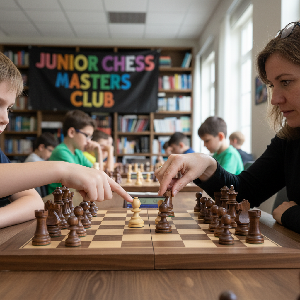 Asking your child to explain their moves helps them internalize strategic concepts. Close up of hands pointing at a wooden chess board during a strategy analysis session.