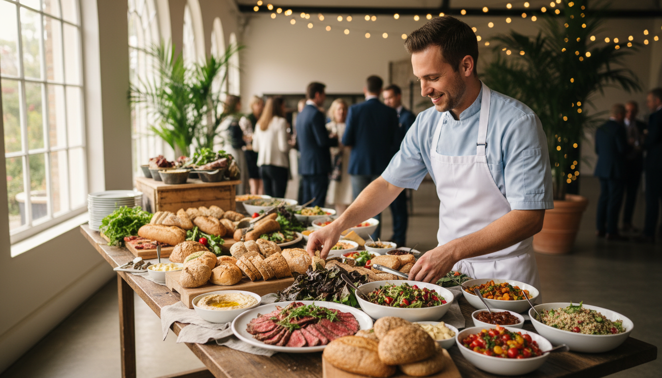 Professional buffet setup showcasing the value of high quality, fresh ingredients. A professional chef arranging a premium cold buffet spread with roast beef and artisan breads.