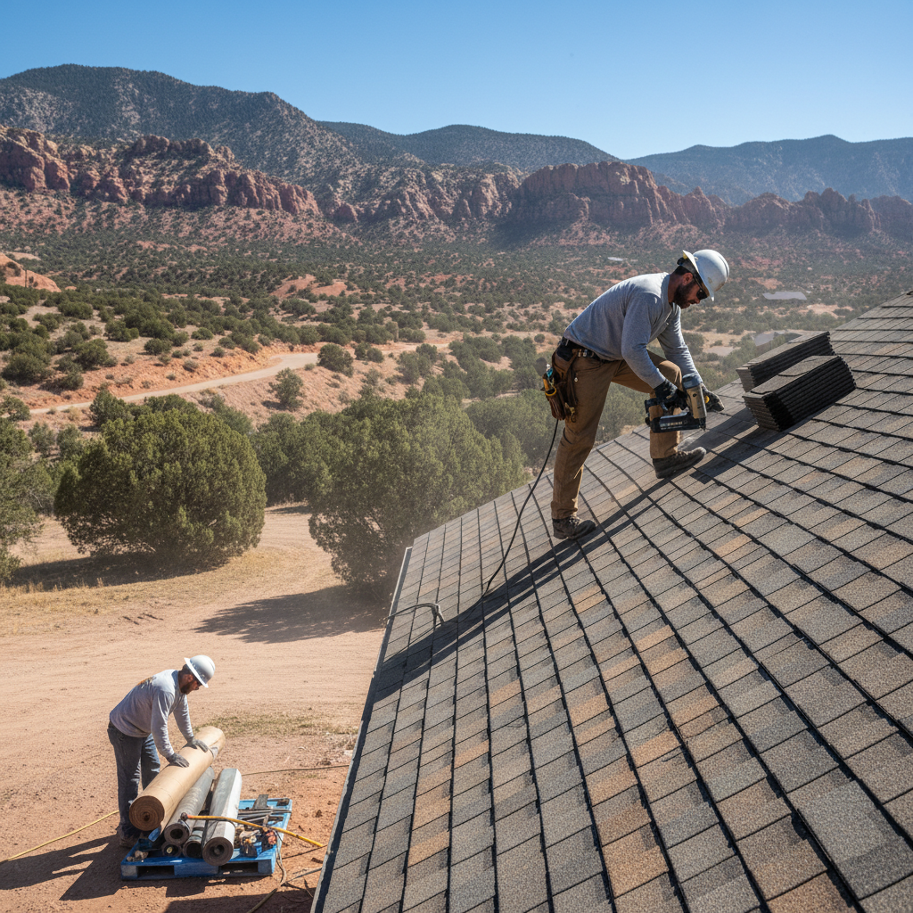 A full roof replacement is a significant investment that adds value and protection to your home. Roofers installing new shingles on a residential home in Utah with a mountain landscape in the background.