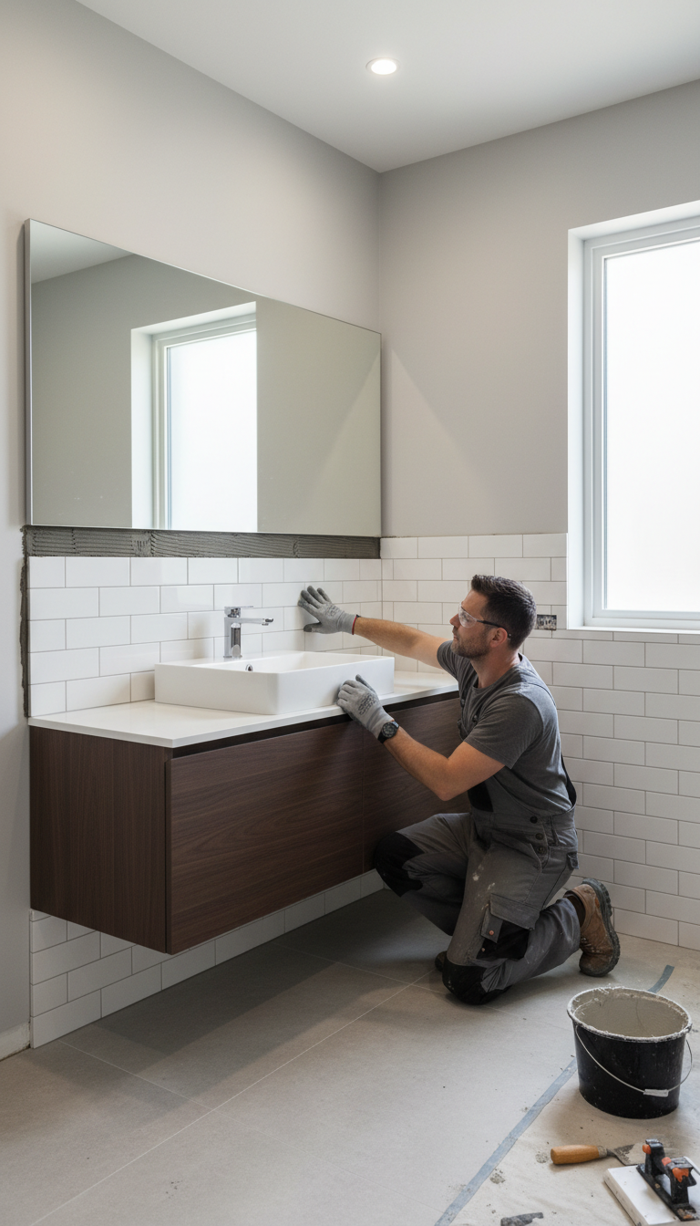 Neutral, timeless tile choices generally provide better resale value than highly customized or expensive luxury patterns. Contractor installing subway tile backsplash in a contemporary bathroom, focusing on clean lines and neutral appeal.
