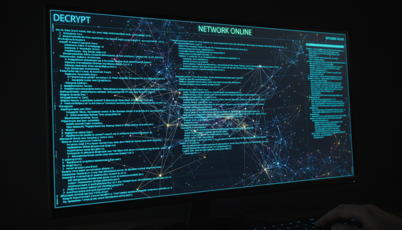 Content ID relies on sophisticated digital fingerprinting to scan millions of videos per hour. Glowing network lines over computer code representing the complex algorithms used in digital fingerprinting.