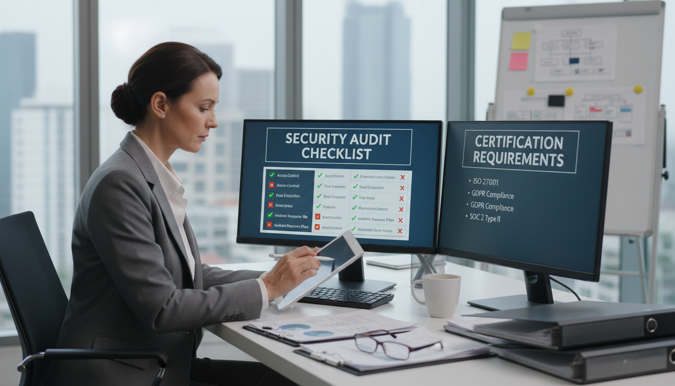 Choosing the right framework means matching compliance obligations to your actual risk profile. Compliance officer reviewing a security audit checklist and framework certification requirements